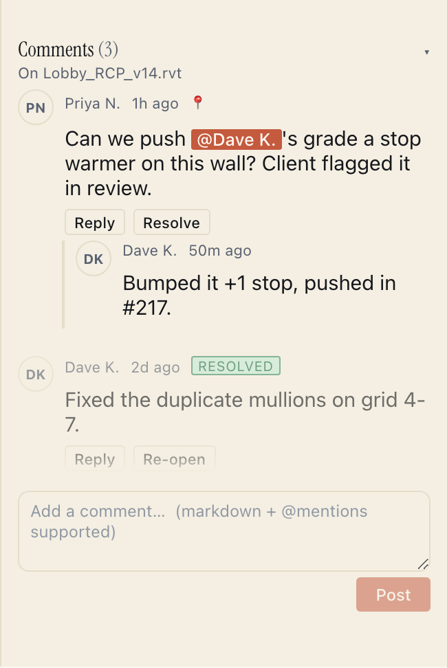 Swarmfile's comment thread on a file, showing a comment with an @-mention, a reply, and a second, resolved thread