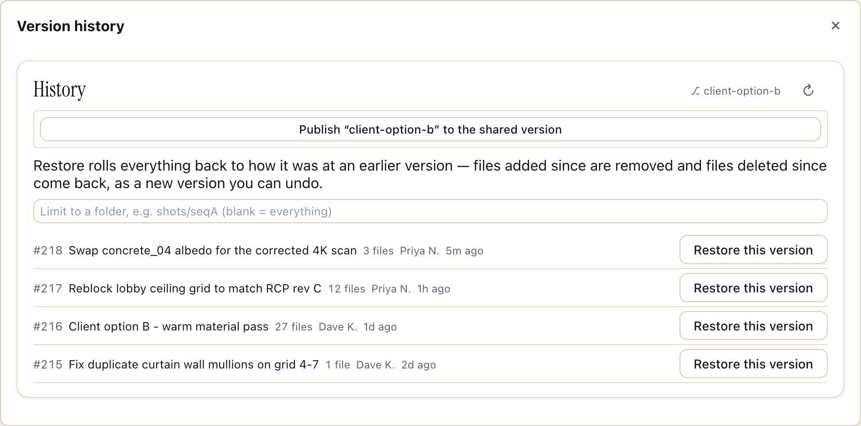 Swarmfile's History panel showing a project on the client-option-b branch, four past commits with authors and file counts, restore actions, and a Publish “client-option-b” to the shared version button