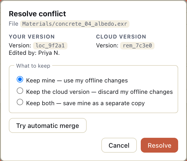 Swarmfile's conflict-resolution dialog for Materials/concrete_04_albedo.exr, showing your version and the cloud version with a choice to keep mine, keep the cloud version, or keep both