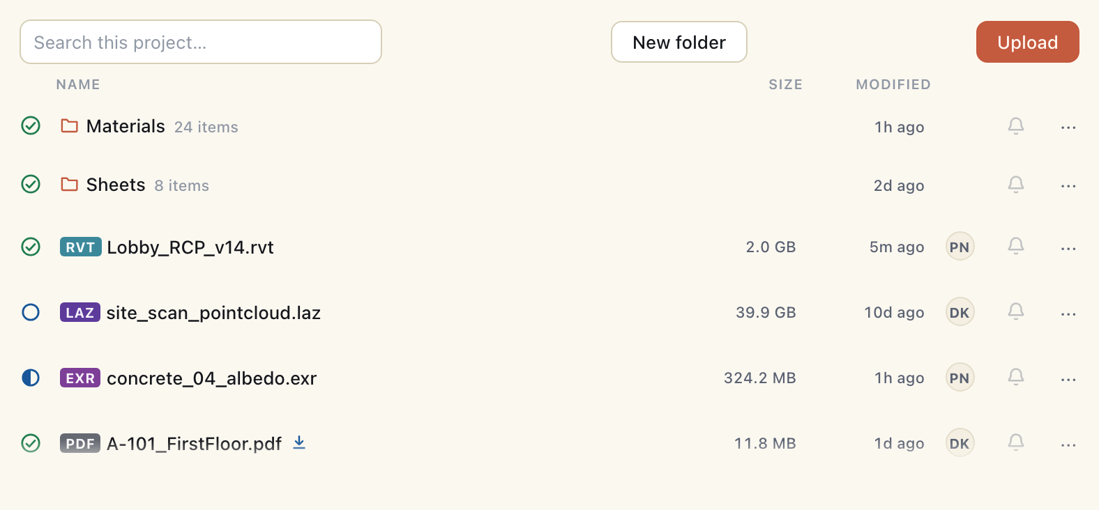 Swarmfile's file list showing a 2 GB Revit model fully synced, a 39.9 GB point cloud that's cloud-only (zero bytes on this machine), a partly-downloaded texture, and a PDF pinned to stay offline